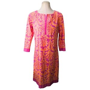 BARBARA GERWIT Engineered Knit Dress Slit Neck Style Pink Orange Coral Large NWT